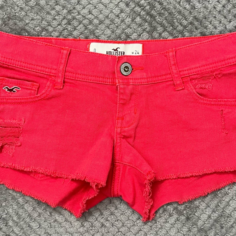 Hollister Bright Red Pink Jean Shorts Frayed Hem